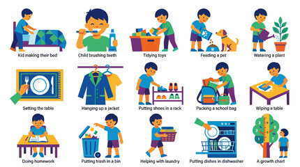 Fototapeta premium Child Development Parenting Flat Vector Illustration: Kids Daily Activities Household Chores