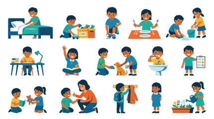 Fototapeta premium Children Doing Chores and Daily Activities Vector Art Flat Style