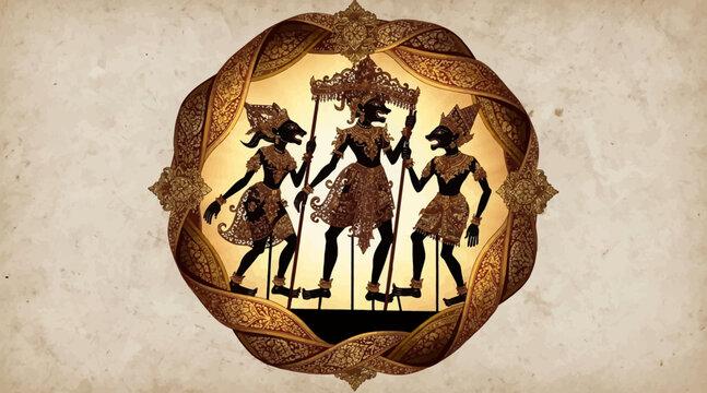 Traditional Wayang Kulit Shadow Puppets in Ornate Frame