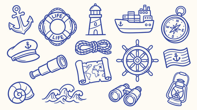 Nautical and maritime icons collection in a simple doodle style, perfect for travel and adventure themes.