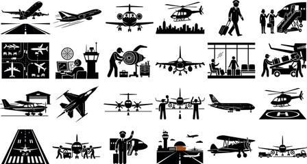 Set of aviation and airport icons including airplanes, helicopters, pilots, ground crew, and air traffic control © ISMOTARA