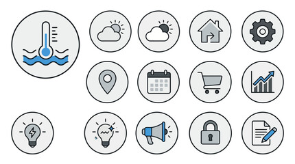 Fototapeta premium Elegant Set of Minimalist Icons Showcasing Various Concepts in Clean White and Blue Grey Color Scheme