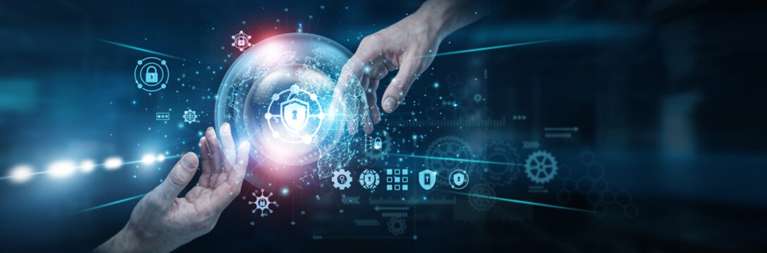 Security specialist Hands of human touching on network security network connection, firewall protection intrusion detection safeguarding data cyber threats prevention. secure digital network.