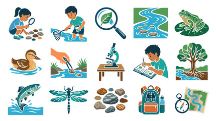 Obraz premium Outdoor Education Nature Study Icons: Kids, Animals, Science, and Exploration