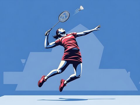 dynamic flat vector illustration of an athletic female badminton player hitting a shuttlecock in midair