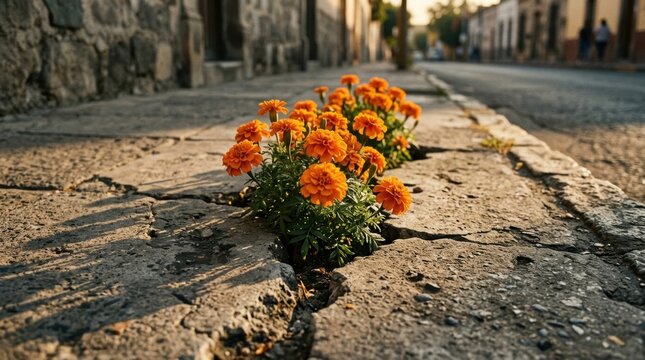 Orange marigold flowers growing through a crack in a concrete sidewalk
