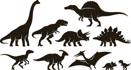 Dinosaur Silhouette Collection with Sauropod, Tyrannosaurus, Triceratops, Stegosaurus, Spinosaurus, Pterosaur, and Prehistoric Animal Vector Illustration Set © MdNazmul