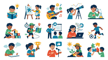 Fototapeta premium Childhood Education Flat Vector Illustrations: Kids Learning, Developing Skills, and Engaging in Creative Hobbies