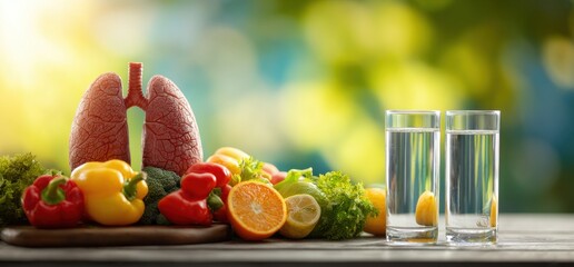 Fototapeta premium Lung health diet vibrant fruits vegetables and hydration for respiratory wellness