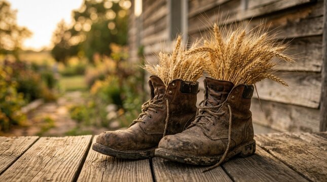 Pair of worn leather boots filled with dried wheat on a wooden porch