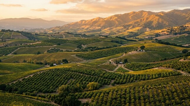 Panoramic view of rolling vineyards and orchards at sunset in California