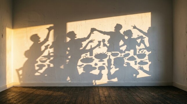 People silhouettes throwing a party casting shadows on a white wall