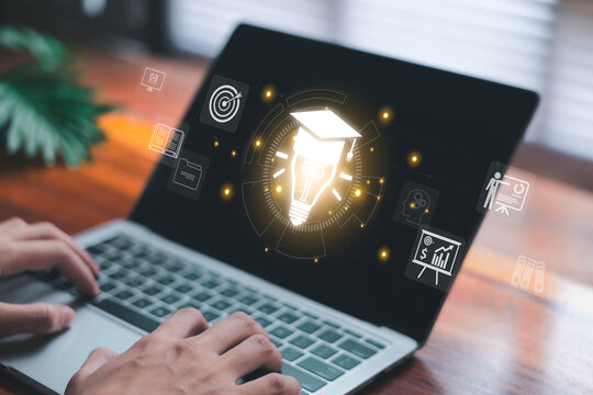 online education, representing e-learning. digital book icons, webinar, training course, and modern knowledge management solutions. library systems,