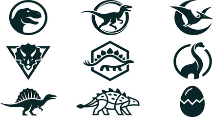 Dinosaur Logo Collection with Tyrannosaurus, Velociraptor, Pterodactyl, Triceratops, Stegosaurus, Ankylosaurus, and Prehistoric Animal Vector Emblems © MdNazmul