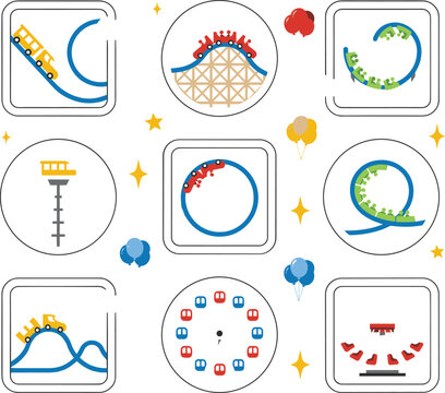 Amusement Park Ride Icon Set Featuring Roller Coaster Tracks Loops Ferris Wheel Drop Tower and Carnival Attractions in Minimalist Line Art Style