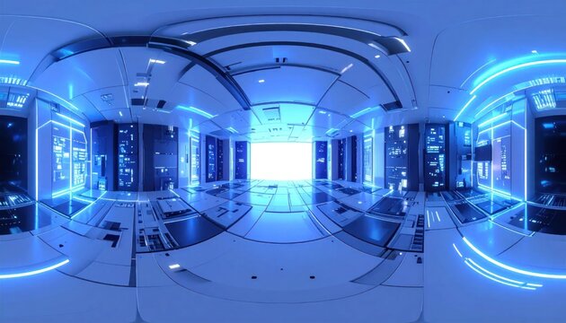 Futuristic Blue Neon Server Room VR Panorama.