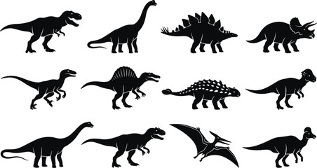 Dinosaur Silhouette Collection with Tyrannosaurus, Sauropod, Stegosaurus, Triceratops, Spinosaurus, Ankylosaurus, Pterosaur, and Prehistoric Vector Illustration Set © MdNazmul