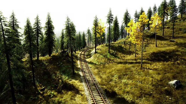 Sunrise forest railway stretching along ridge, warm low light and misty background, textured sleepers and winding path invite slow travel, exploration,