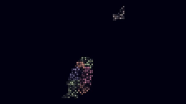 Grenada map animation. Shape of the country with pulsating colored dots. Small size square blocks. Digital style Grenada map on dark background. Amazing video.