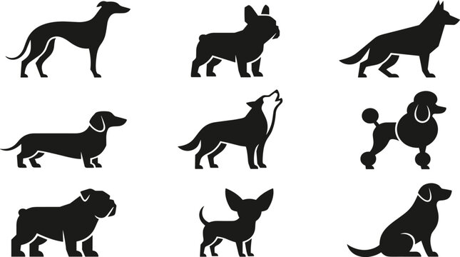Dog Breed Silhouette Collection with Greyhound, French Bulldog, German Shepherd, Dachshund, Chihuahua, Poodle, and Other Canine Vector Icons