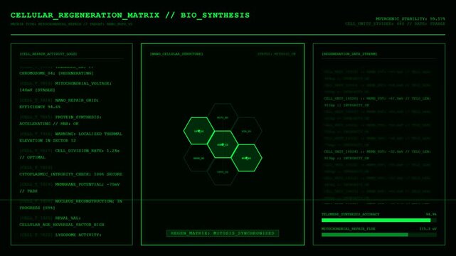 Sci Fi HUD Screen With Cellular Regeneration Matrix And Bio Synthesis Simulation Animation.