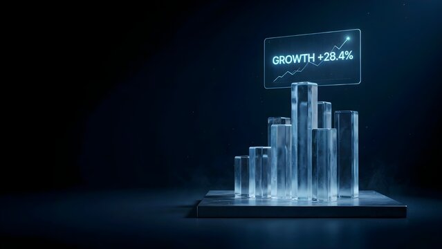 3d render of a bar chart showing business growth with a glowing holographic display indicating a 284 percent increase on a dark background