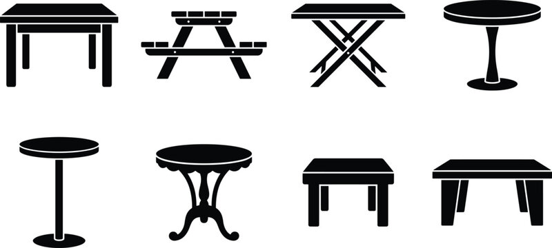 Modern Table Furniture Silhouette Vector Set with Dining Coffee Folding and Picnic Tables Icons