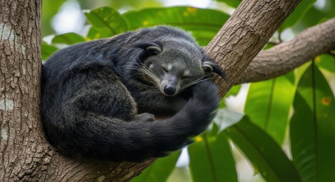 A cute binturong sleeping curled up high on a tree branch