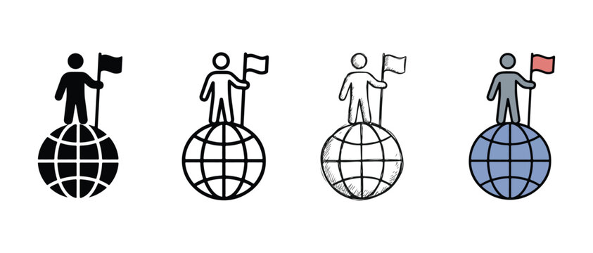 Stick figures standing on globes with flags  business success concept  leadership and achievement icons