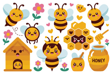 Fototapeta premium Adorable bee and honey themed set featuring beehive honey pot and flowers for kids on white background