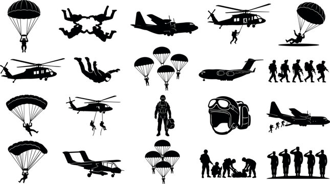Set of military paratroopers, soldiers, helicopters, and transport aircraft silhouettes