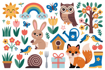 Naklejka premium Springtime woodland animals and garden set with fox rabbit owl birds flowers and rainbow for kids nursery wall decor