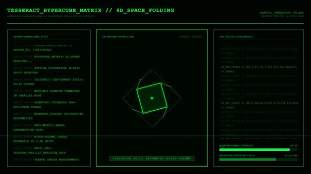 Sci Fi HUD Screen With Tesseract Hypercube Matrix And 4D Space Folding Animation.