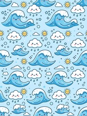 Fototapeta premium Cute blue waves and happy clouds seamless background