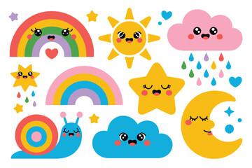 Naklejka premium Cute kawaii weather set featuring smiling rainbows sun moon clouds and stars for kids projects and digital scrapbooking