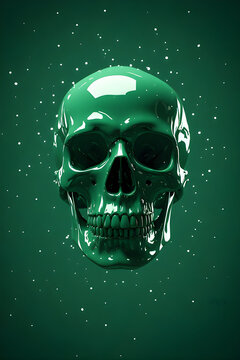 Halloween glowing green human skull front view with realistic anatomy and eerie spooky style, transparent vector illustration