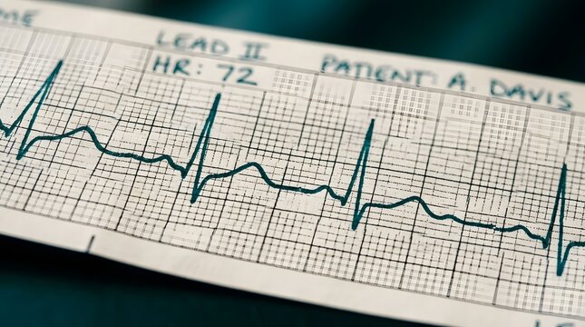 Close-up of an electrocardiogram ECG showing heart rhythm and patient data.