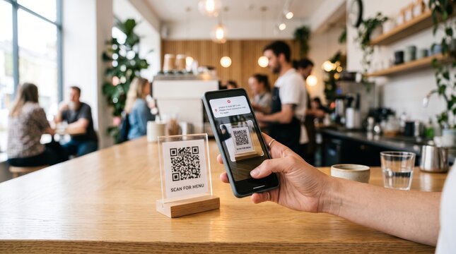 Customer scanning QR code menu with smartphone in cafe