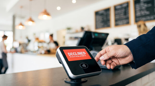 Payment terminal displaying declined transaction error on cafe counter