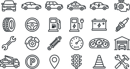 Fototapeta premium Car transport auto service and vehicle repair line icon collection featuring taxi electric sedan engine tire battery mechanics tool traffic garage and navigation vector illustration