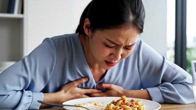 Acid reflux disease, suffer asian young woman have symptom gastroesophageal, esophageal, stomach ache and heartburn pain hand on chest from digestion problem after eat food, Healthcare medical concept