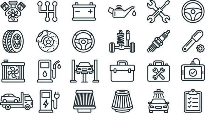 Car auto part mechanics line icon collection with engine gear battery oil wrench tire brake steering suspension spark plug radiator and garage service vector illustration