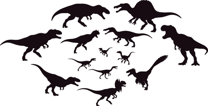 Predatory Dinosaur Silhouette Collection with Tyrannosaurus, Spinosaurus, Velociraptor, Carnotaurus, and Prehistoric Theropod Vector Illustration Set