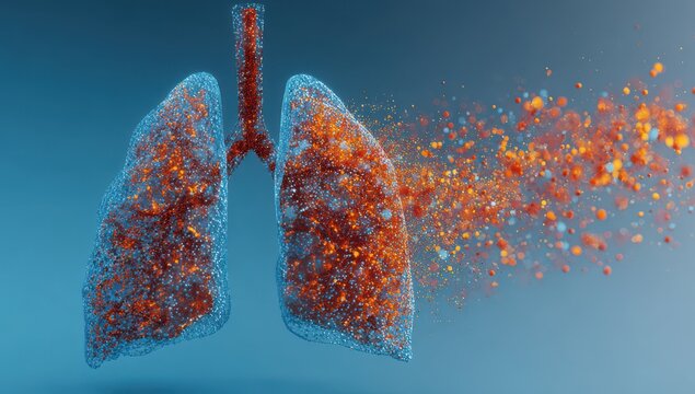 Abstract human lungs illustration with particle dispersion medical visualization for healthcare and scientific research
