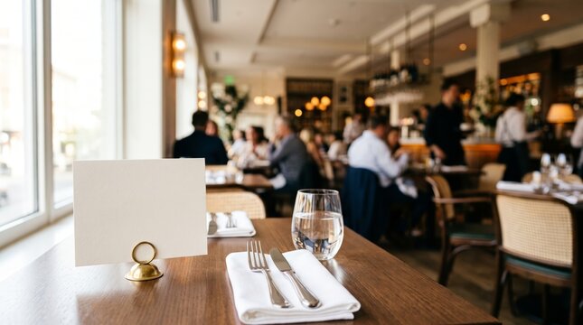 Empty reserved table setting in busy upscale restaurant interior