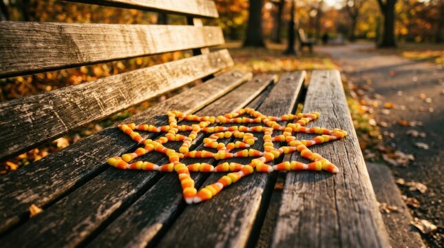 Star shape made of candy corn arranged on a wooden park bench in autumn