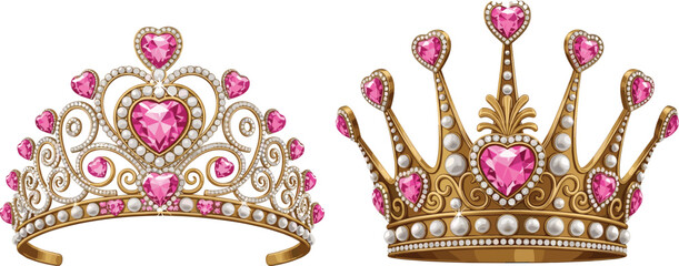 Luxury princess tiara and queen crown vector illustration set featuring elegant golden headpieces decorated with pink heart gemstones and white pearls isolated on white background © MdMoksedul
