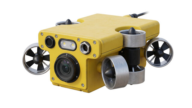 Yellow remotely operated vehicle with propellers on transparent background