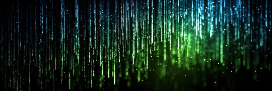 Vertical streams of glowing green and blue binary digits cascade against a dark background, evoking a futuristic digital rain or data flow effect.
