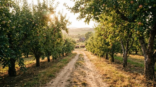 Sunlight shining through apple trees in an orchard on a farm at sunset